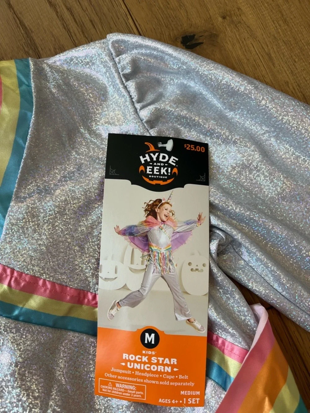 Rainbow Rockstar Unicorn Costume girls Size Medium - Silver 3 pc Jumpsuit Cape